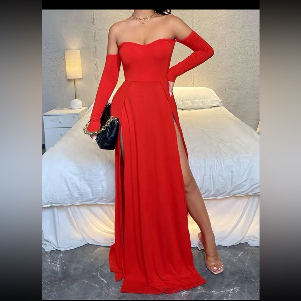 π―π Off Shoulder High Split Dress - Picture 1 of 12